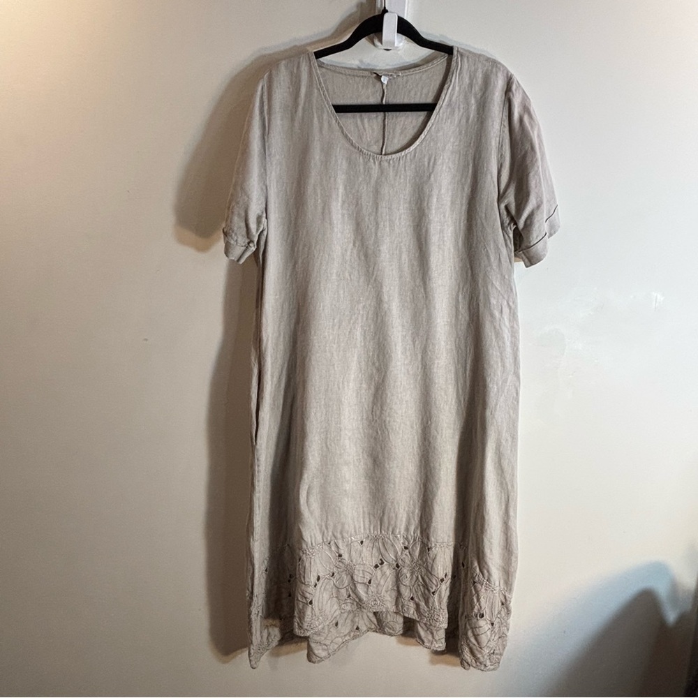 ROSEMARINE Sz L 100% Linen A-Line Floral Embroidered Hemline Made in Italy